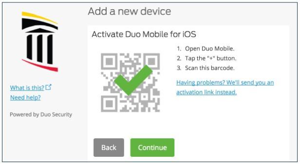 Duo barcode displays when activation is successful.