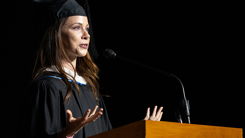 Barbara Pierce Bush giving a commencement speech to the 2019 graduates of UMB