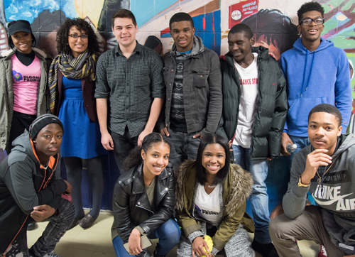 Back row, from left: Renaissance Academy (RA) student Jenelda Artis; Rudayna Bahubeshi and Sam Kloestra, both Wellesley Institute Youth Advisory Group members; and RA students Kennard Rice, Christopher Streeter, and Uthman Al-Ahmary. Bottom row, from left: RA student Bernard Young; Souleik Kheyre, Wellesley Institute Youth Advisory Group member; and RA students Tori Baker and Khalil Bridges.