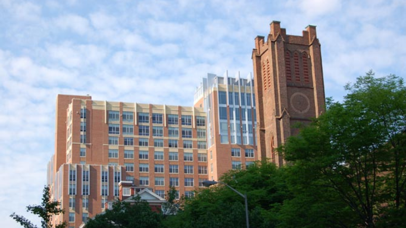 Image of tall brown building with lots of windows with a blue sky behind it