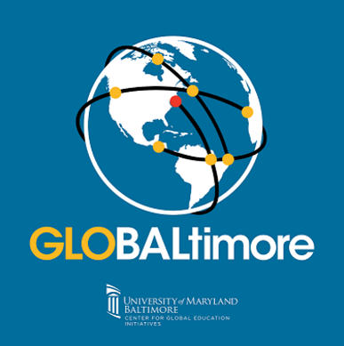 Logo for GLOBALtimore with a globe on a blue background