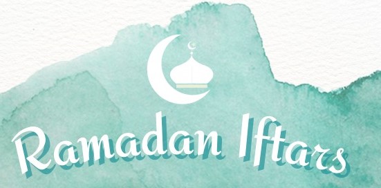 Green watercolor background with the words Ramadan Iftars and image of a crescent moon and lantern