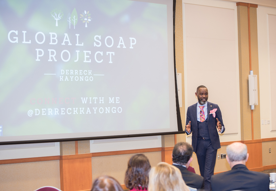 Derreck Kayongo, CEO of the National Center for Civil and Human Rights and founder of Global Soap Project, addresses the UMB community at the President's Panel on Politics and Policy.