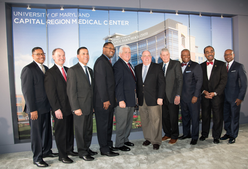 Gov. Larry Hogan, UMMS CEO Robert A. Chrencik, UMB Executive VP and Dean of UM School of Medicine E. Albert Reece, MD, along with federal, state, and county dignitaries help break ground for the new University of Maryland Capital Region Medical Center in Largo. 