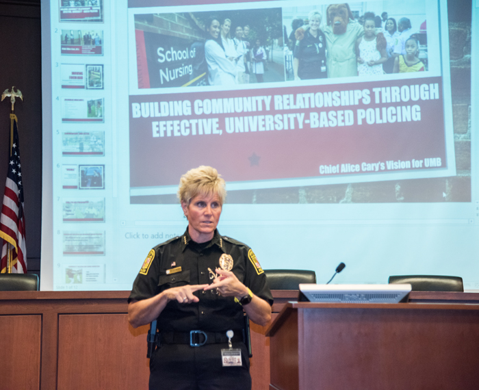 UMB Police Chief Alice Cary, MS, discussed community-based policing during her presentation at the University’s quarterly Q&A session.