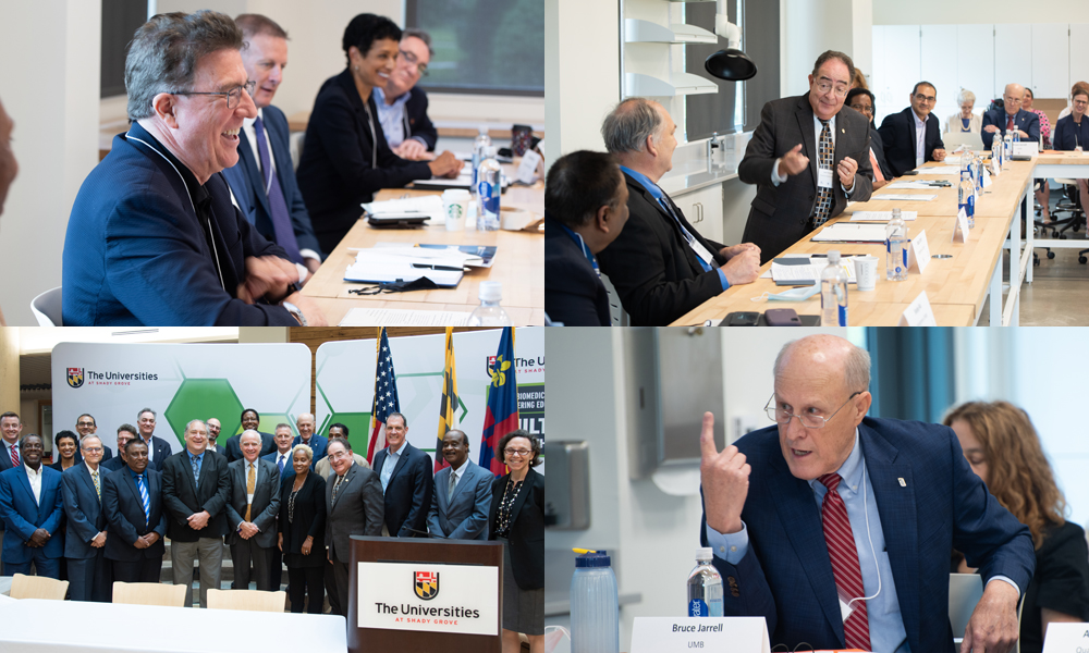 (clockwise from top left) UMBC's Karl Steiner provokes laughter from Bowie State University President Aminta Breaux, USM Chancellor Jay Perman makes a point to Montgomery County Executive Marc Elrich, UMB President Bruce Jarrell expresses a vision for Maryland's biotech future, and key stakeholders pose after signing the agreement to work collaboratively.