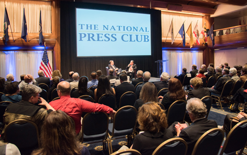 New York Times Columnist Frank Bruni, UMB President Jay A. Perman, MD, and alumni at the National Press Club.