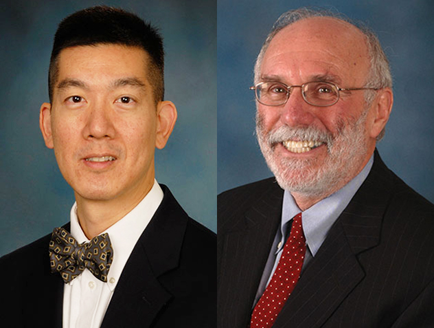 Wilbur H. Chen, MD, MS, associate professor of medicine, left, and Myron M. Levine, MD, DTPH, the Simon and Bessie Grollman Distinguished Professor at the University of Maryland School of Medicine.