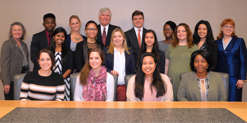 Standing with Conway Scholars are University of Maryland School of Nursing (UMSON) Dean Jane M. Kirschling, PhD, RN, FAAN (back row, far left); Bill Conway, (back row, fourth from left); Zachary Crowe, vice president, The Carlyle Group (back row, fourth from right); and Laurette Hankins, UMSON associate dean for development and alumni relations (back row, far right.)