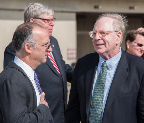 Maryland Carey Law Dean Donald Tobin (left) talks with UM Center for Health and Homeland Security Director Michael Greenberger at the announcement of a national security focused partnership between the FBI, the University of Maryland, Baltimore, and the University of Maryland College Park.