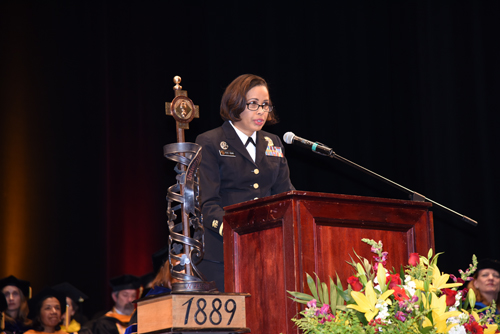 Rear Admiral Sylvia Trent-Adams, PhD, MS '99, RN, FAAN, addresses School of Nursing graduates.