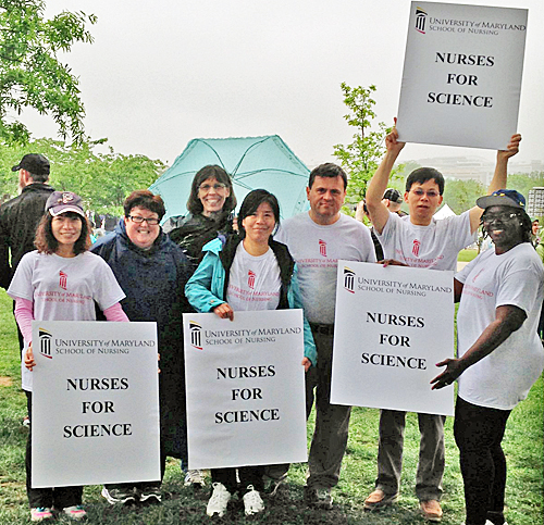 Faculty members from the University of Maryland School of Nursing participating in the March for Science in Washington, D.C., included, from left, Pei-Ying Huang, Karen Wickersham, Valerie E. Rogers, Yulan Liang, Arpad Kelemen, Shijun Zhu, and Veronica Njie-Carr.