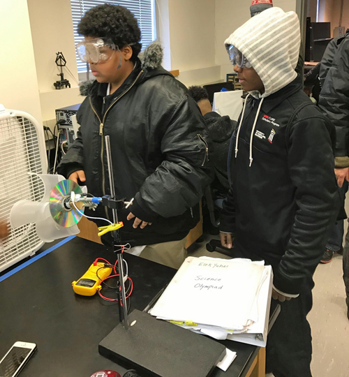 UMB CURE Scholars Jackson Collins, left, and Davioin Hill, compete in the wind power event at the Maryland Science Olympiad-Baltimore Middle School STEM (Science Technology Engineering and Math) regional tournament March 4 at Morgan State University.