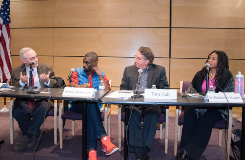 From left, E.J. Dionne, DeRay Mckesson, Tom Hall, and Kimberly R. Moffitt, discuss social justice in the wake of the 2016 election.