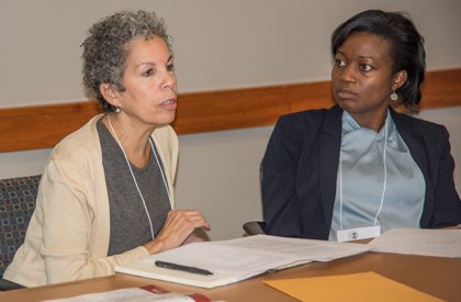 Promise Heights Executive Director Bronwyn Mayden, left, discusses steps to reduce the city's infant mortality rate with co-panelist Shalewa Noel-Thomas, director of the Maryland Office of Minority Health and Health Disparities.