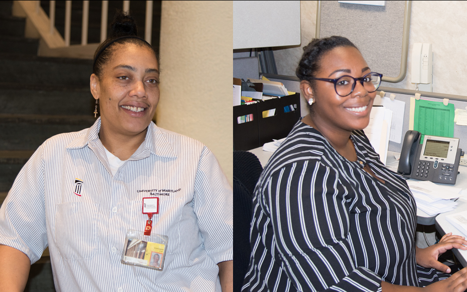 Aiysha Harris, a floor technician, and Shakiara Seals, an office clerk, both landed jobs at UMB thanks to the efforts of the Office of Community Engagement.  