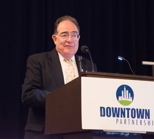 University of Maryland, Baltimore President Jay A. Perman, MD, addresses business and community leaders at the 2019 State of Downtown Breakfast hosted by the Downtown Partnership of Baltimore.
