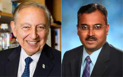Robert C. Gallo, MD, co-founder and director of the Institute of Human Virology (IHV) at the University of Maryland School of Medicine (left) and Shyam Kottilil, MBBS, PhD, director of the Division of Clinical Care and Research within the Institute of Human Virology (right).