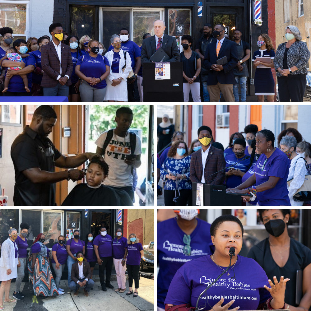Top: University of Maryland, Baltimore President Bruce E. Jarrell praises B’more for Healthy Babies (BHB) and its community partners. Middle: (L) Antoine Dow, owner of Cut Styles, cuts a patron’s hair; BHB Director Stacey Stephens thanks the community for its support. Bottom: BHB staff with Mayor Brandon M. Scott; Shania Kerina explains how BHB had a direct impact on her and the life of her son.