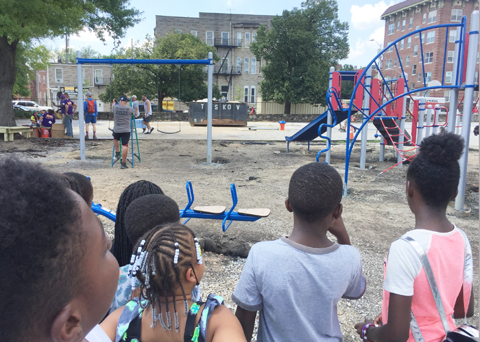 Students from Eutaw-Marshburn Elementary School admire their new playground.