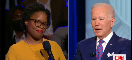 Neijma Celestine-Donnor, MSW '09, LCSW-C, of the University of Maryland School of Social Work asks President Biden about vaccines for young children. (CNN)