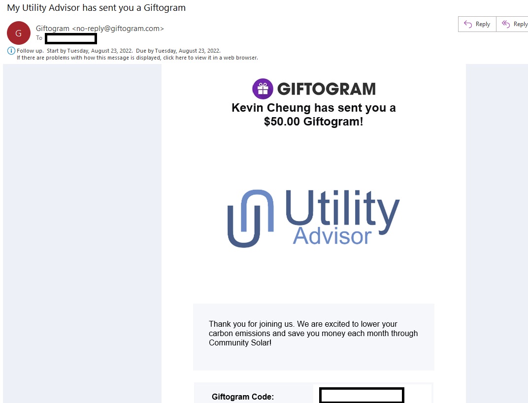 example of Utility Advisor $50 Visa gift card email notification