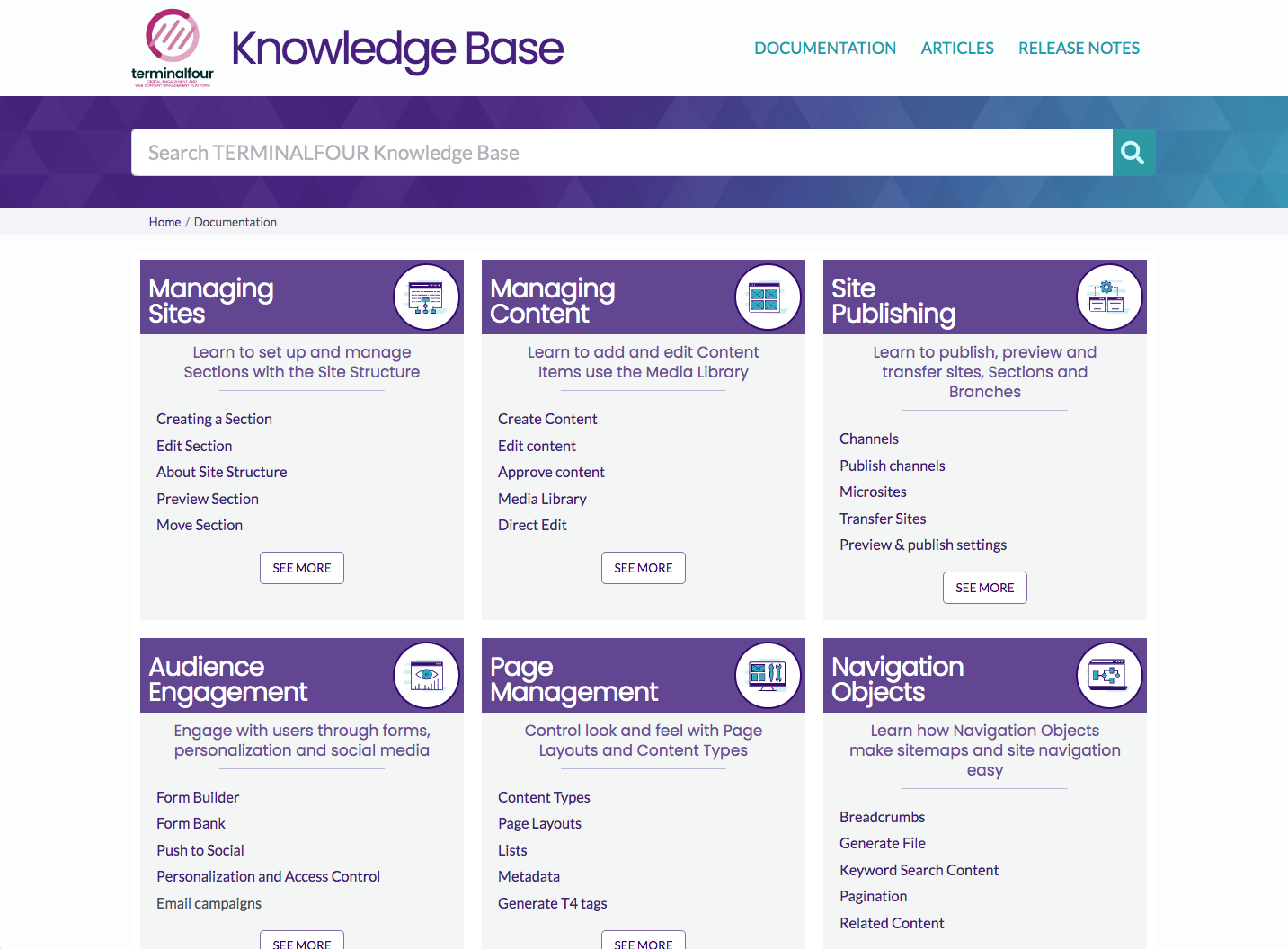 A screenshot of the knowledge base homepage