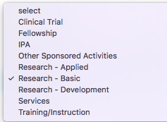 Screenshot of the Kuali Research Activity Types dropdown menu