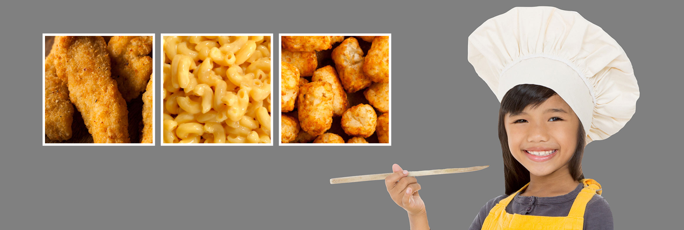 A child chef with chicken tenders, macaroni and cheese, and tater tots