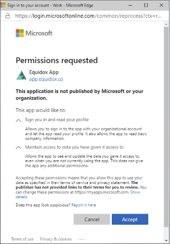 Screenshot of the Equidox permissions request prompt