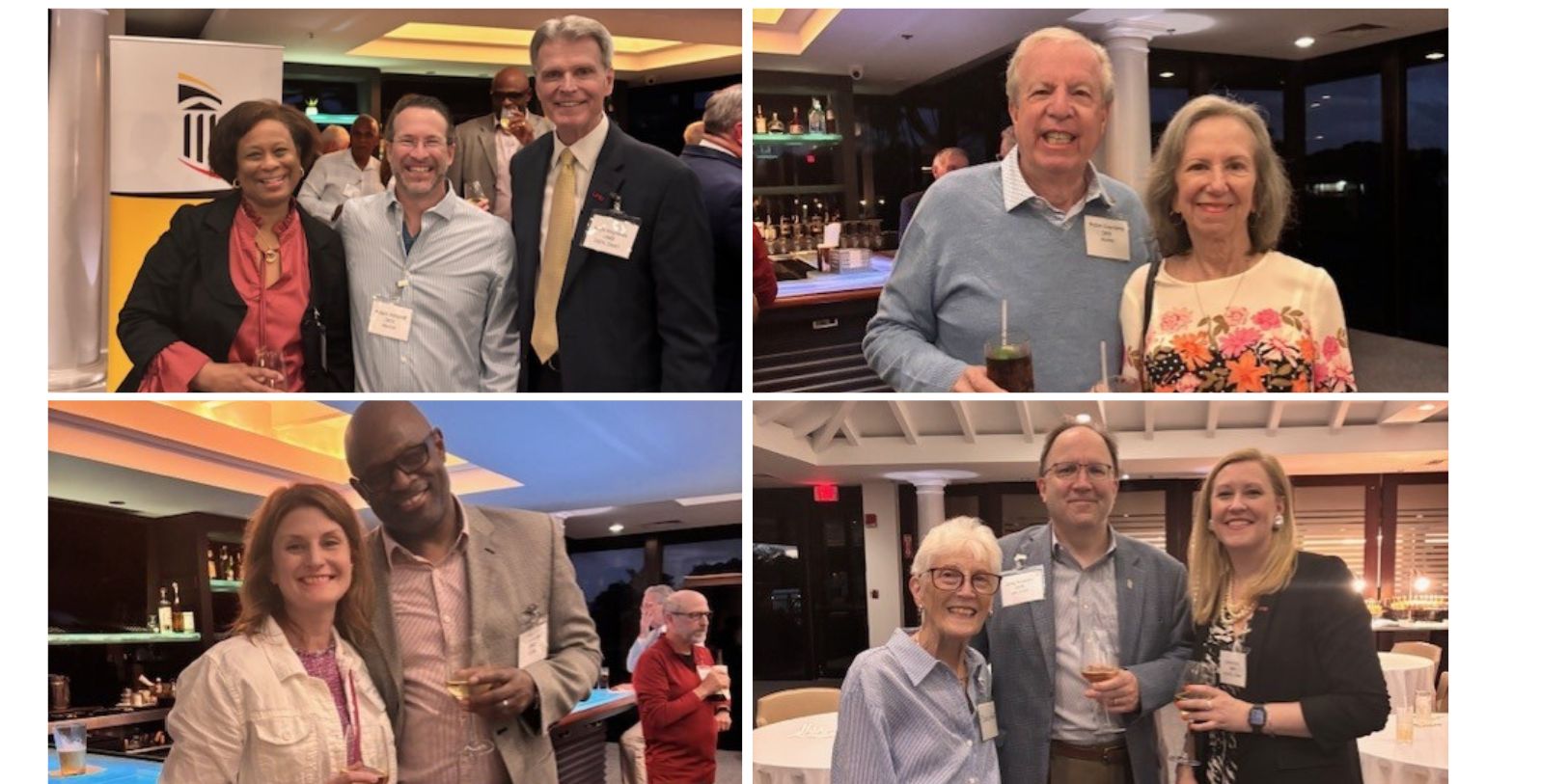 A grid of four photos, each showing 2 to 3 guests at the recent Florida UMB alumni event. Guests are in business casual clothes in a cocktail reception space.