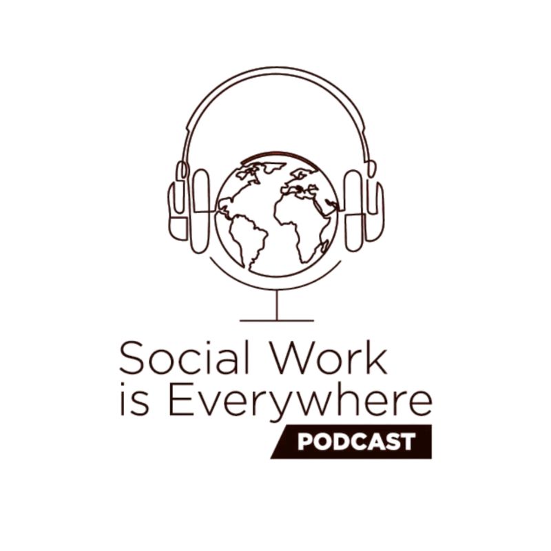 Black and white outline logo depicting the globe wearing headphones. Text beneath the illustration says Social Work is Everywhere.