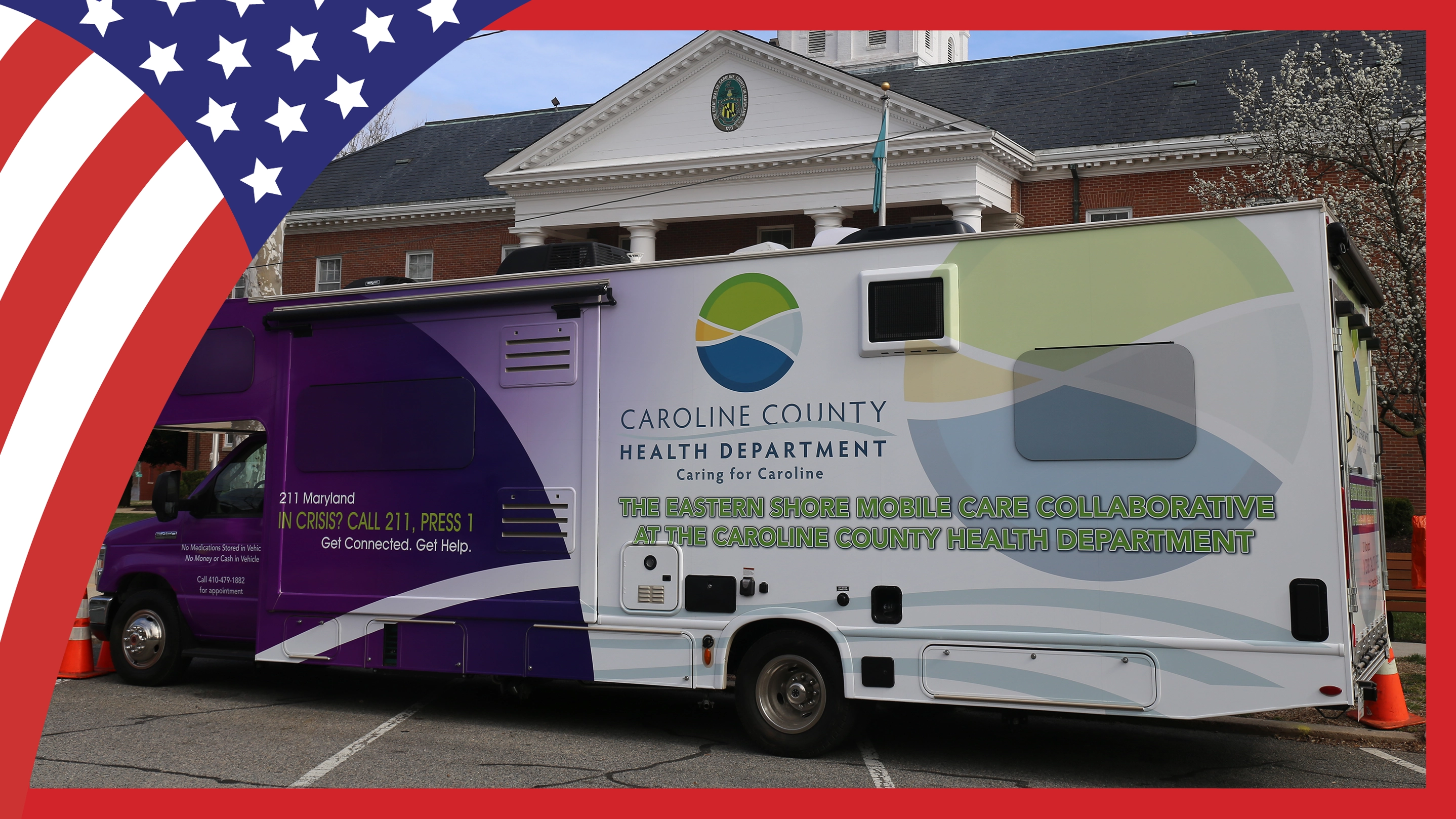 The Eastern Shore Mobile Care Collaborative Truck parked outside of a Caroline County government building