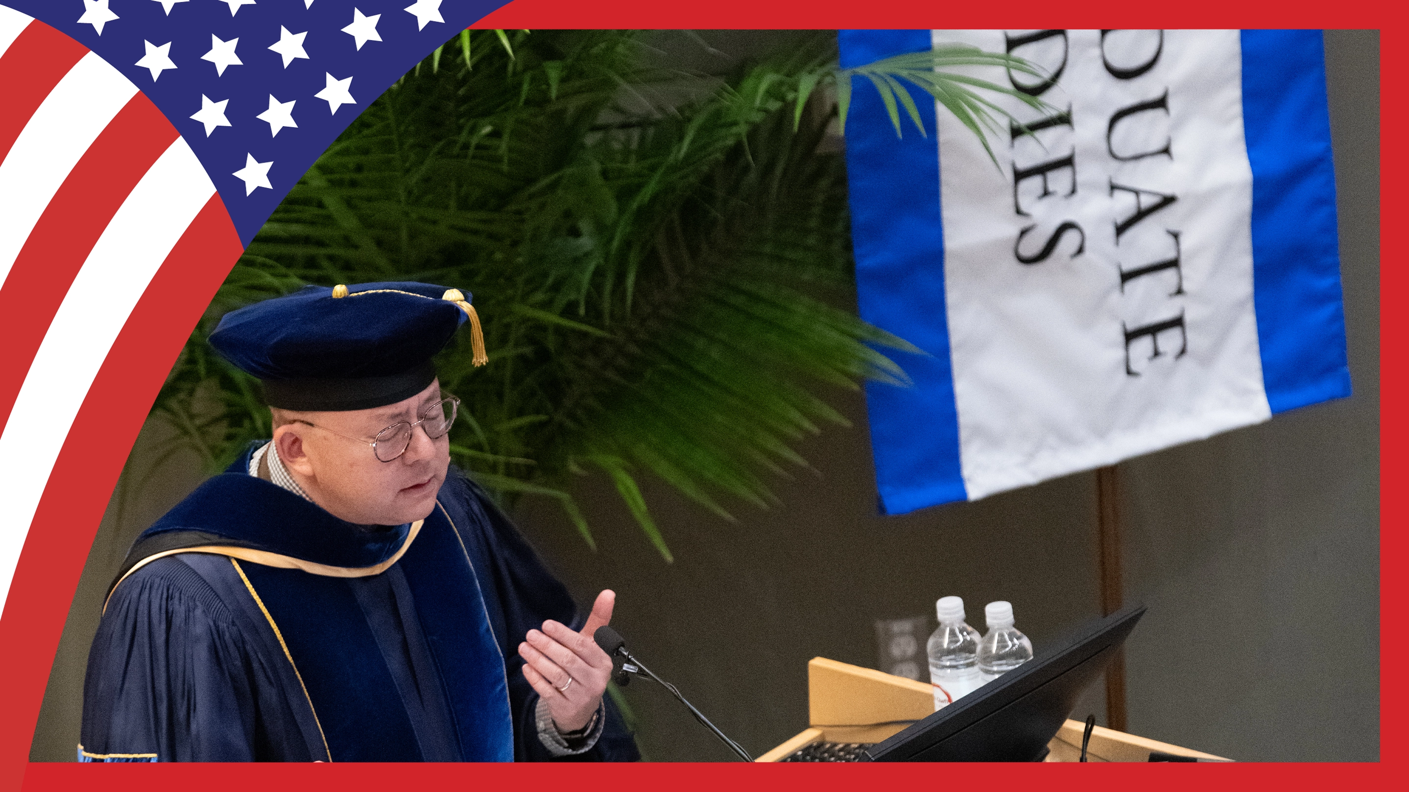 Dean of Graduate Studies Kenneth Wong speaking at a recent graduation ceremony.