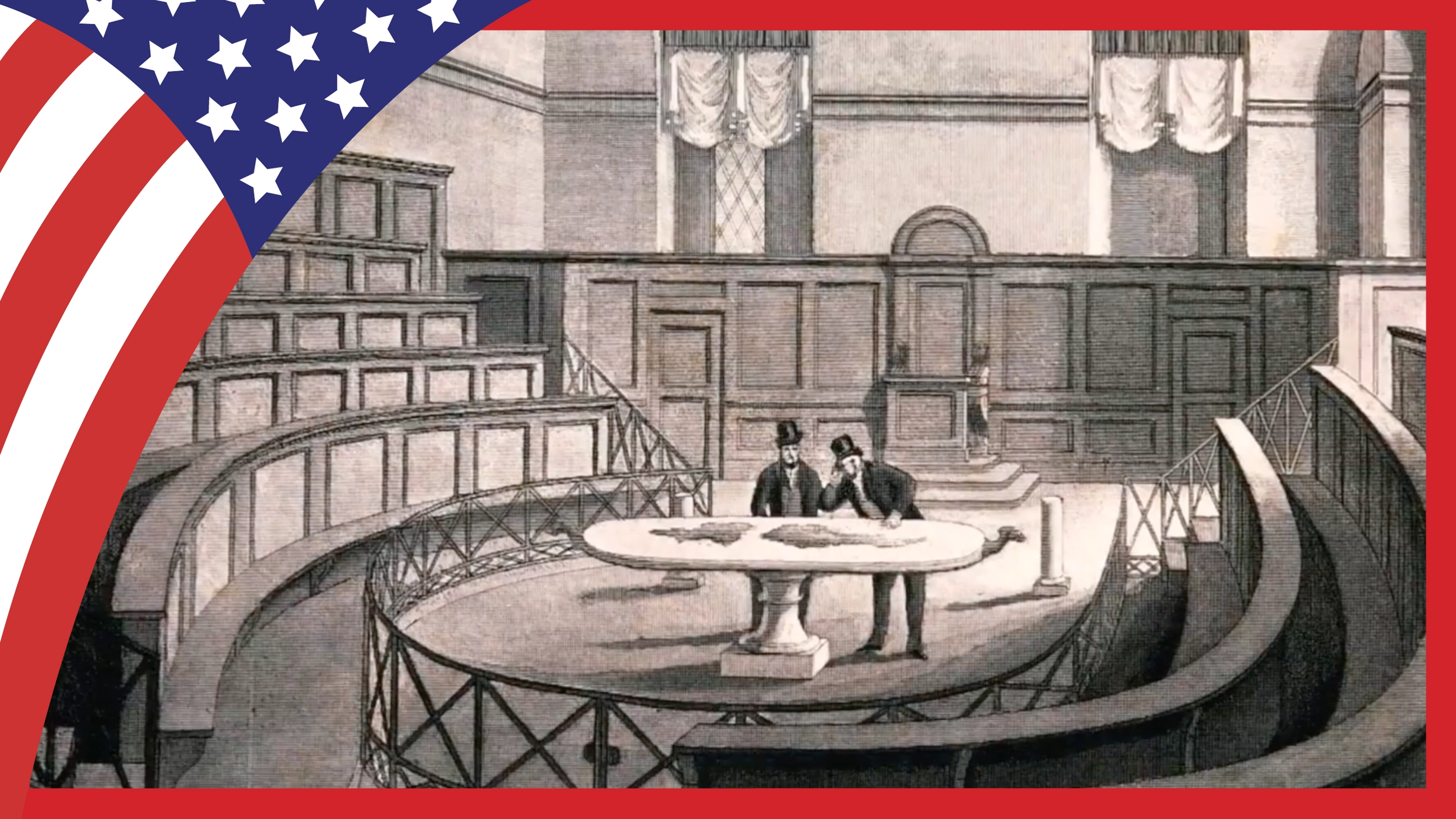 An illustration of the founders inside of an empty Davidge Hall
