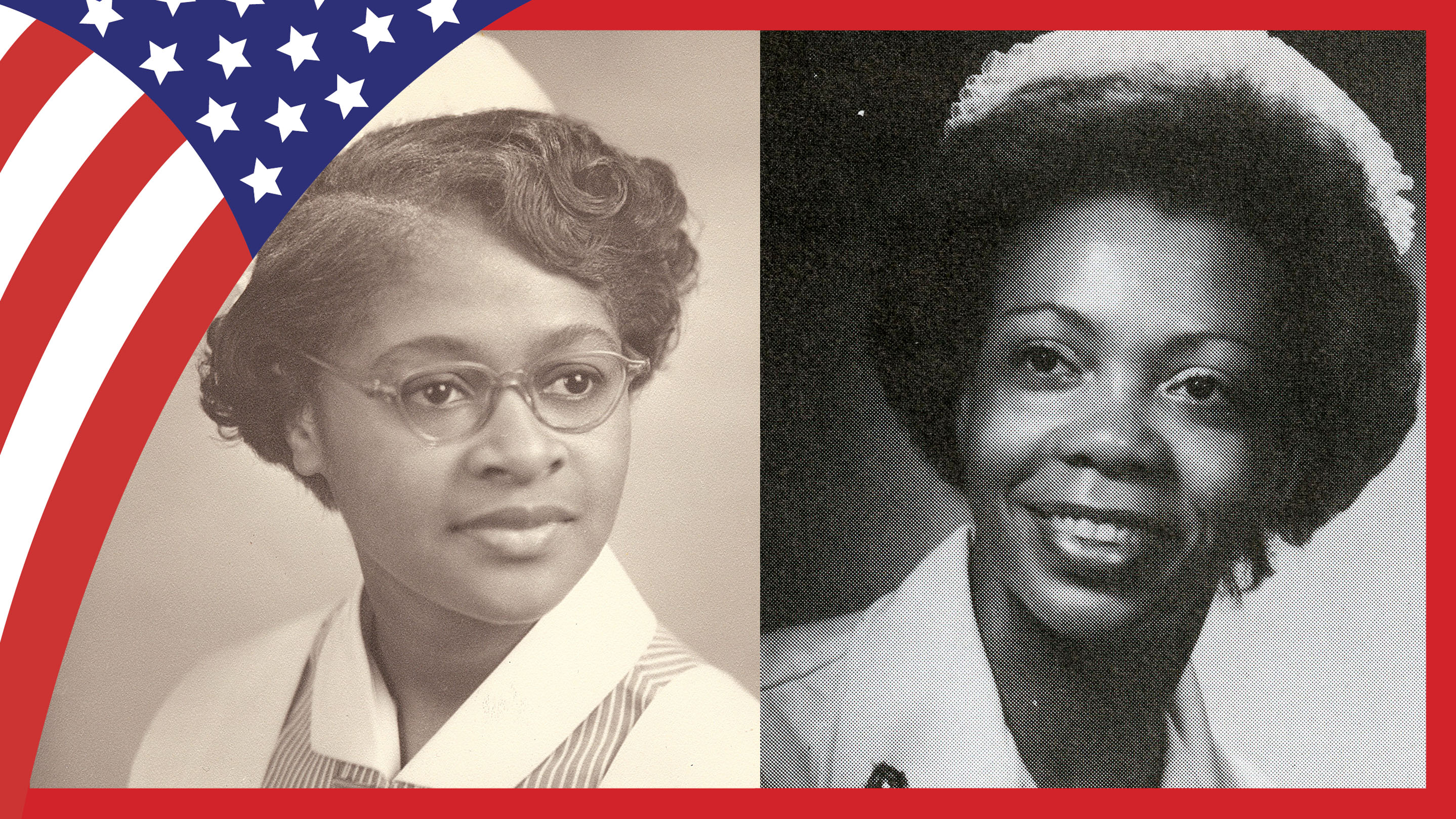 Photographs of Esther McCready, left, and Shirley Nathan-Pulliam, right, from their time as students at UMB.