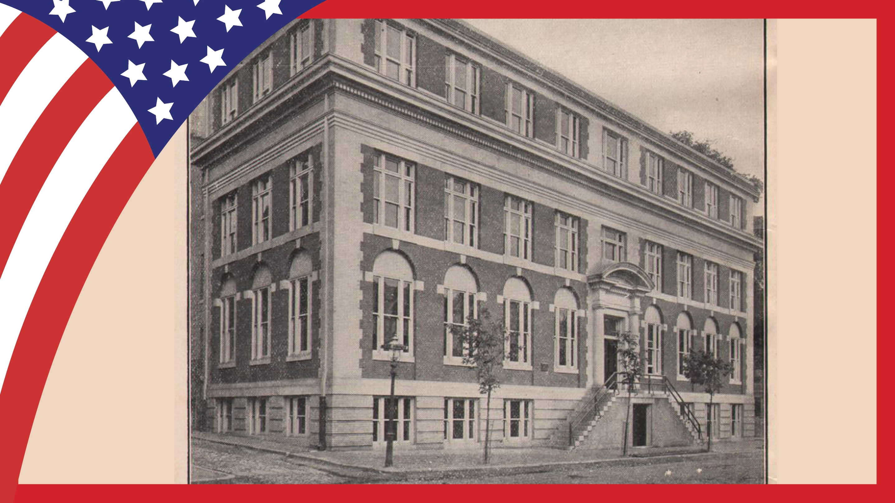 An illustration of the original pharmacy building from the 1800s.