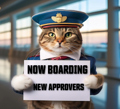 a cat icon with a pilot hat holding a sign that says Now Boarding New Approvers