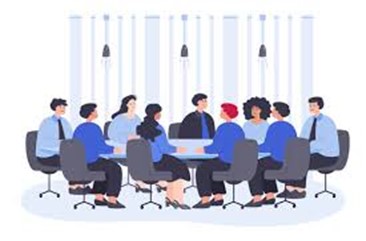 a group of people icon figures sitting around a table in a work office