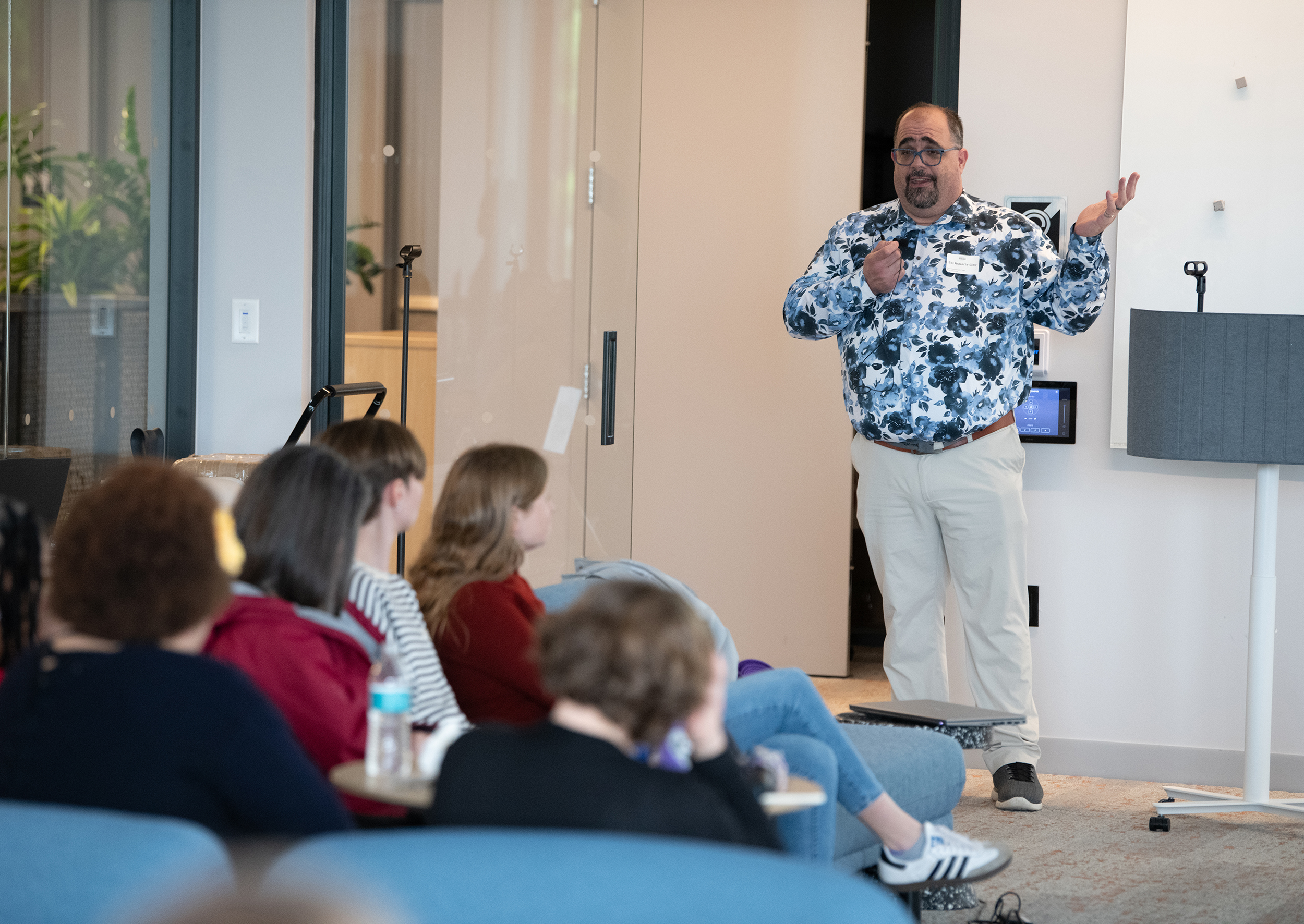 Sol Roberts-Lieb talks to the audience during his Values in Action presentation