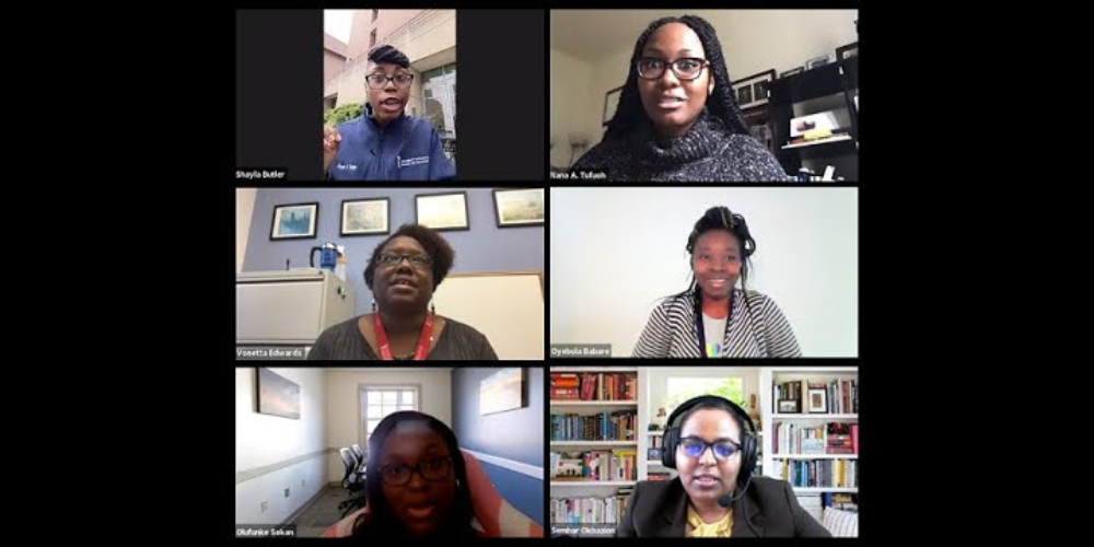 A Zoom meeting with six African-American women on screen.