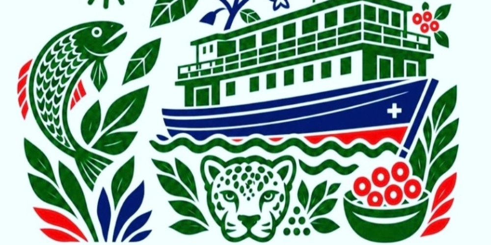Graphic including images from the Amazon: riverboat, jaguar, fish, vegetation