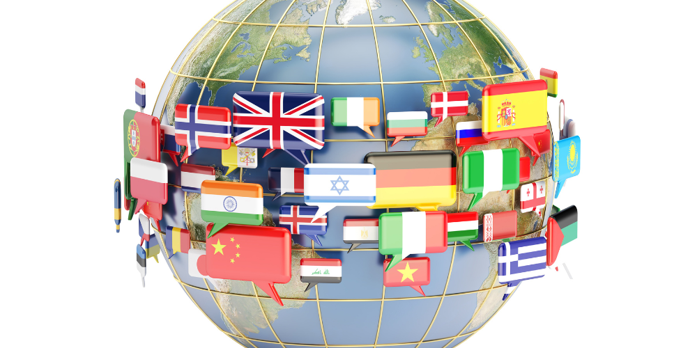 A globe with flags going around it.