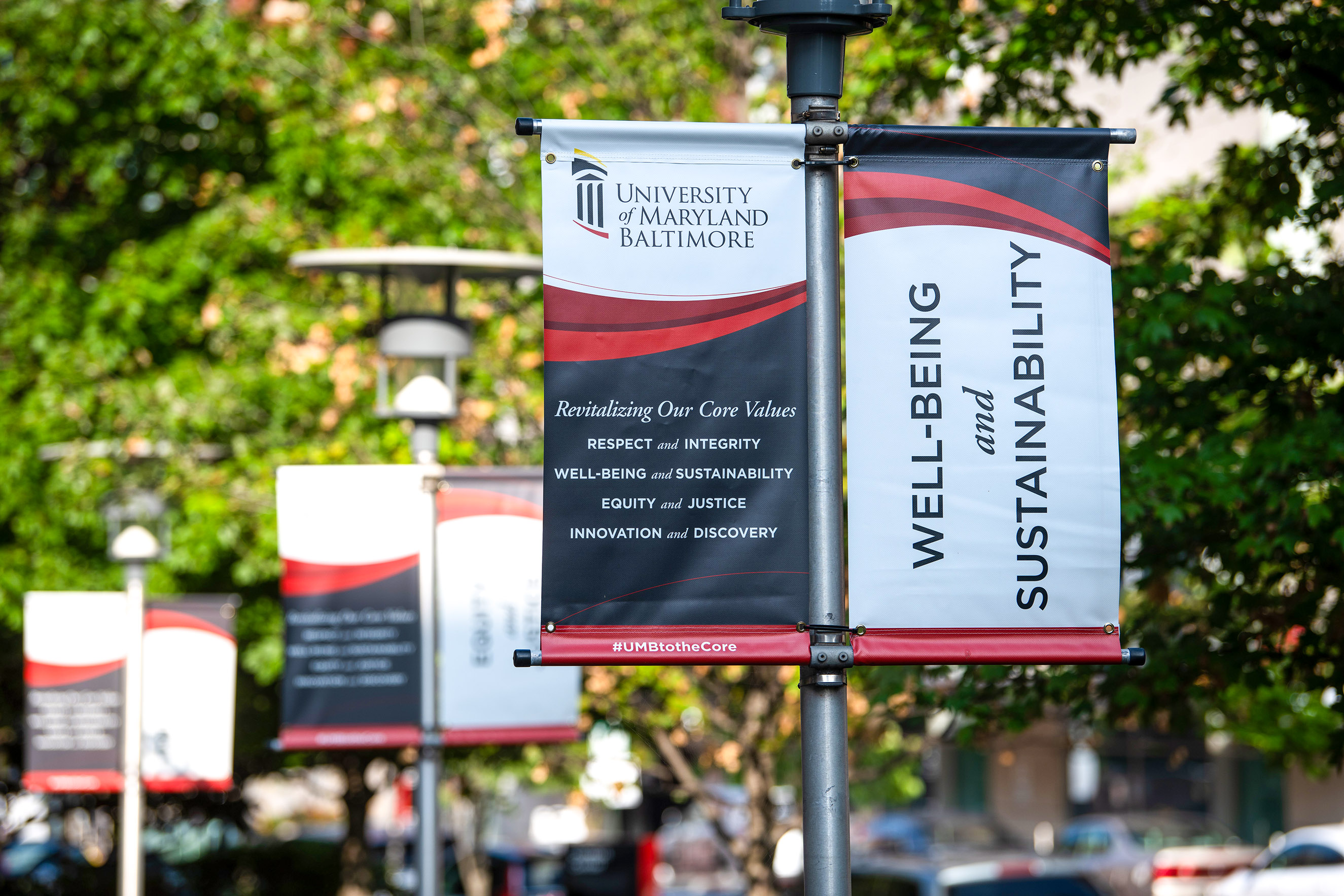 Banners outside with the core values