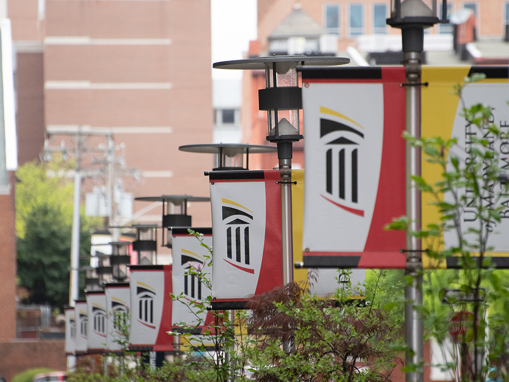 Banners displaying the University of Maryland, Baltimore logo