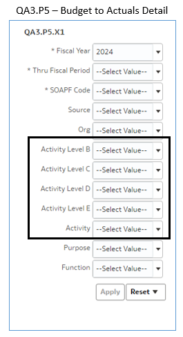 Screenshot of the Budget to Actuals Detail report options with a box around the activity level drop-downs