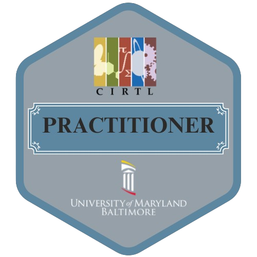 Badge with the word practitioner in between the CIRTL and UMB logos