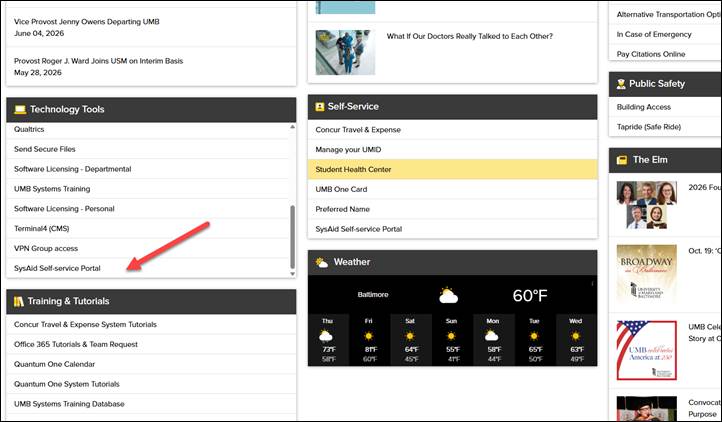 Screenshot of where SysAid will appear in the myUMB portal under Technology Tools