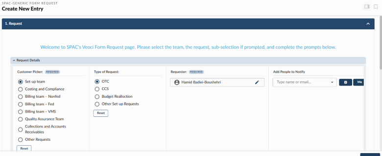 Initial view of SPAC Veoci Form Request page with the options of SPAC teams, type of request, Requestor name, and an optional section to add people to notify.