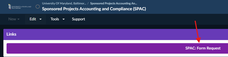 Image of the SPAC Form Request Button located at the top of the page